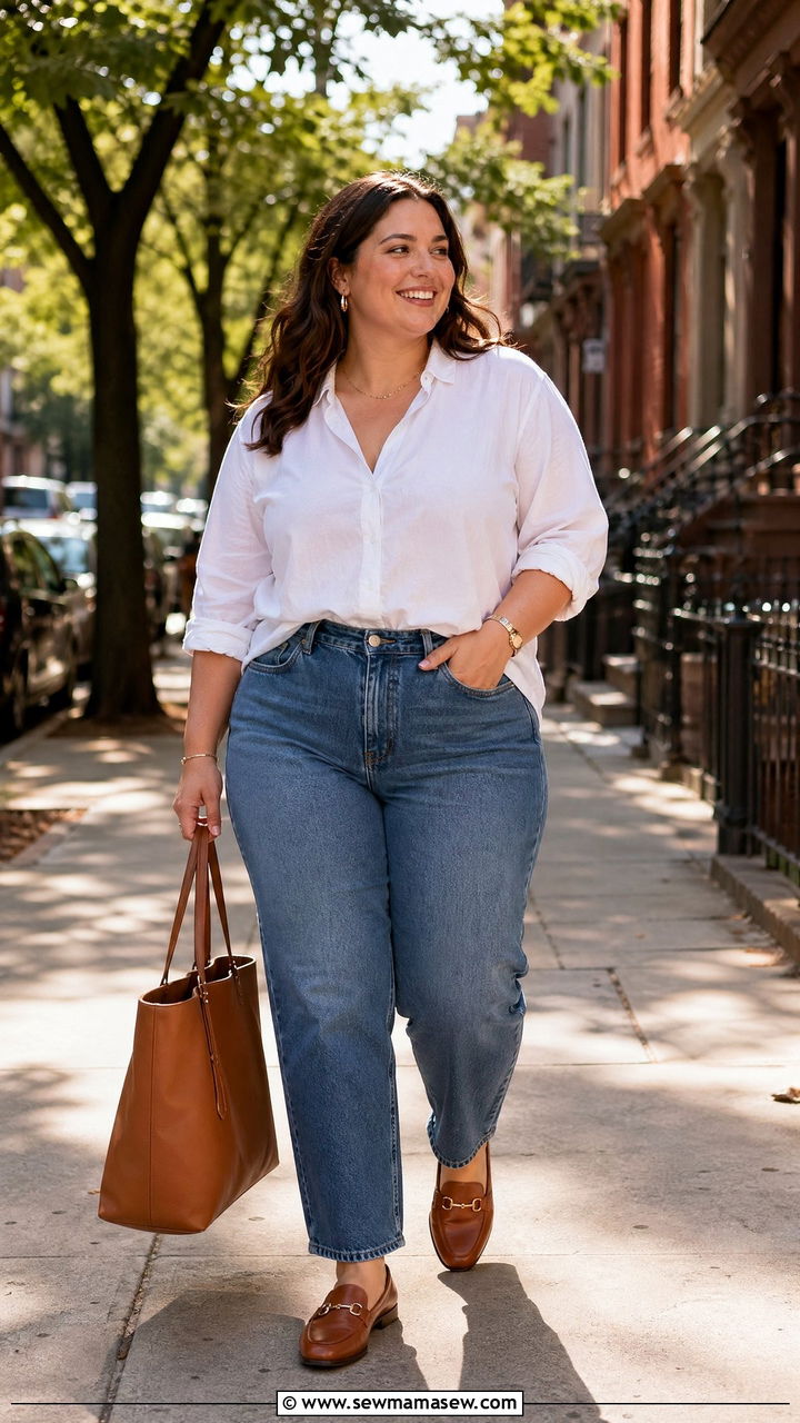 Button Down Shirt with Straight Leg Jeans and Loafers - 35 casual outfits for curvy women