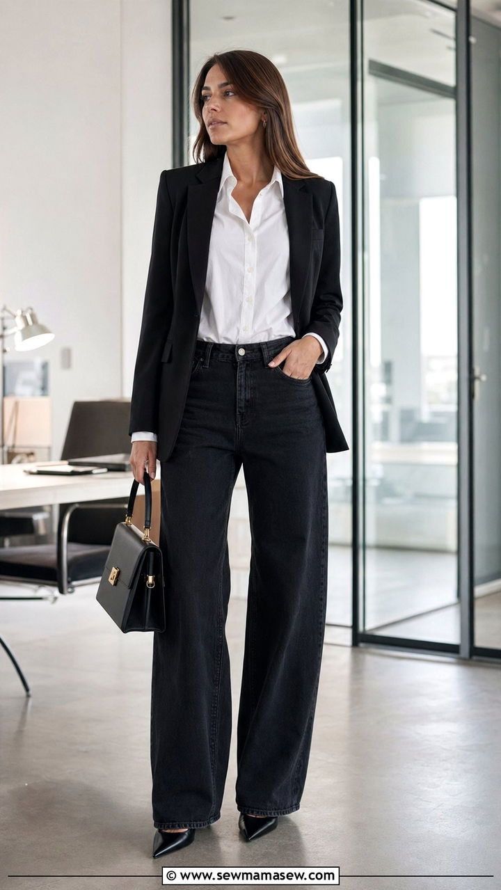 Button Down Under Blazer with Tailored Baggy Jeans and Heels - 30 Baggy jeans outfit ideas with a button down