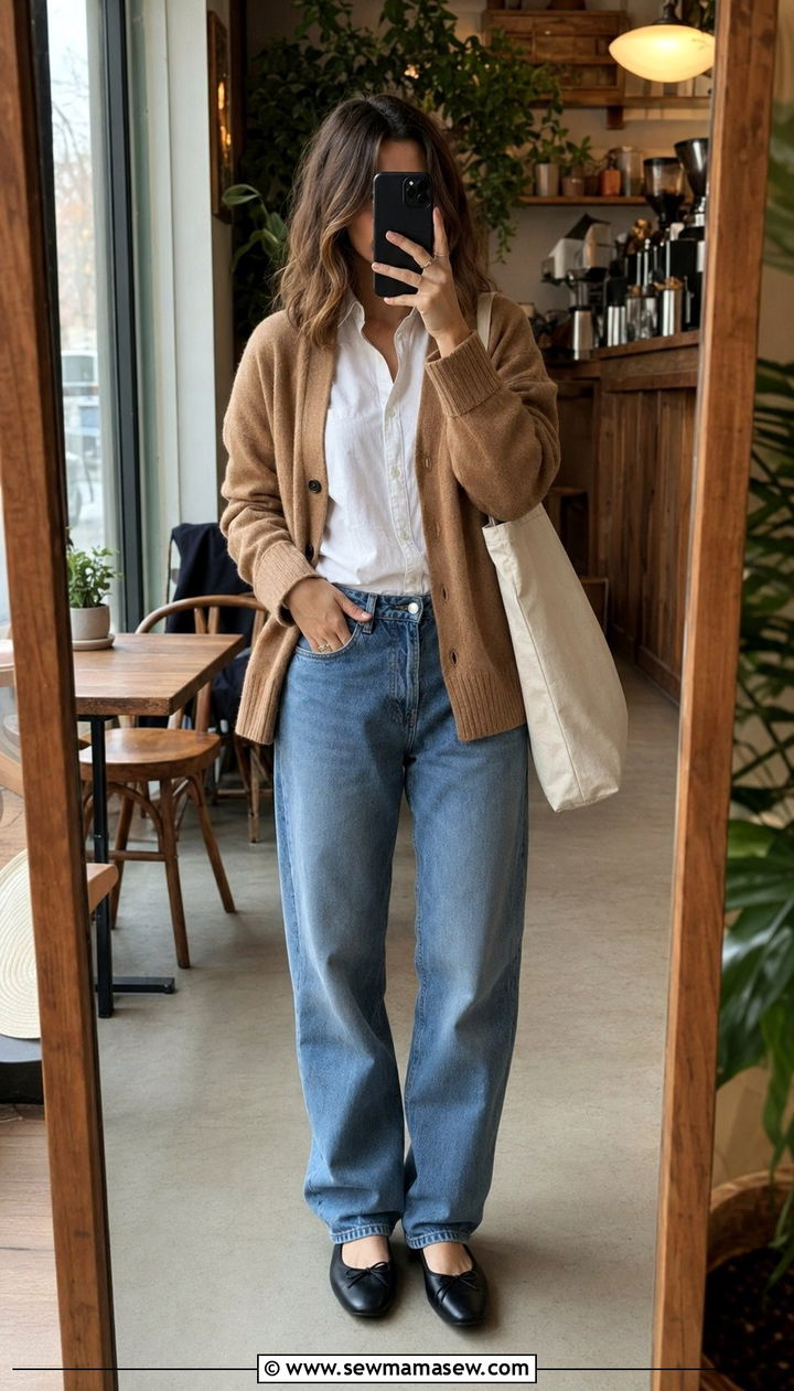 Button Down Under Cardigan with Baggy Jeans and Ballet Flats - 30 Baggy jeans outfit ideas with a button down