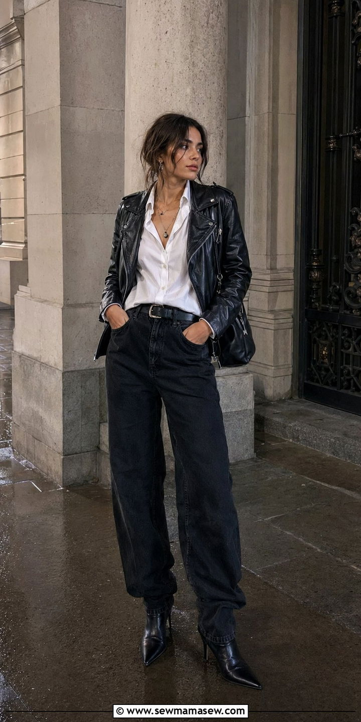 Button Down Under Leather Jacket with Black Baggy Jeans and Ankle Boots - 30 Baggy jeans outfit ideas with a button down
