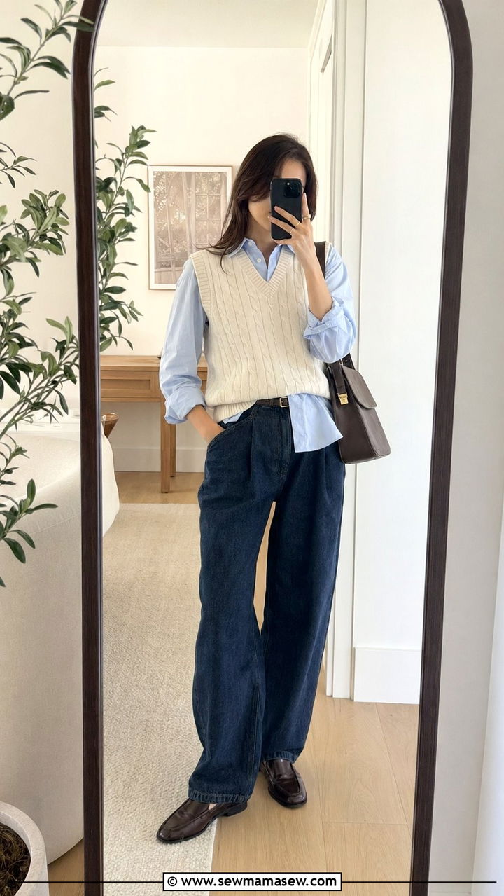 Button Down Under Sweater Vest with Baggy Jeans and Loafers - 30 Baggy jeans outfit ideas with a button down