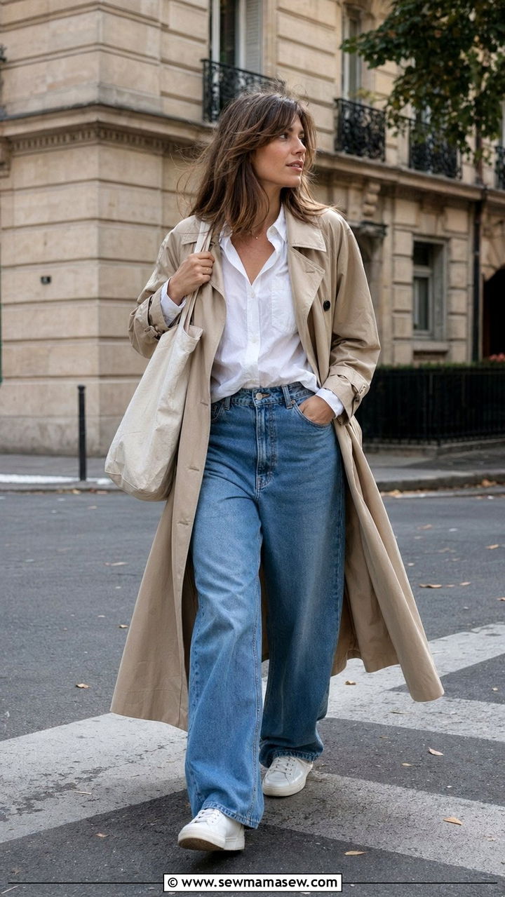 Button Down Under Trench Coat with Baggy Jeans and Sneakers - 30 Baggy jeans outfit ideas with a button down