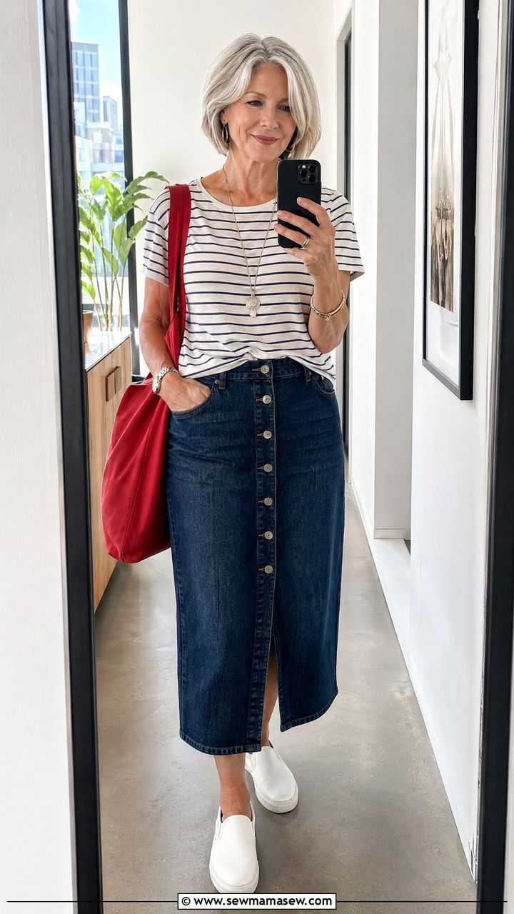 Button Front Denim Midi Skirt With a Striped Linen Tee - 35 Skirt outfit ideas for women over 60