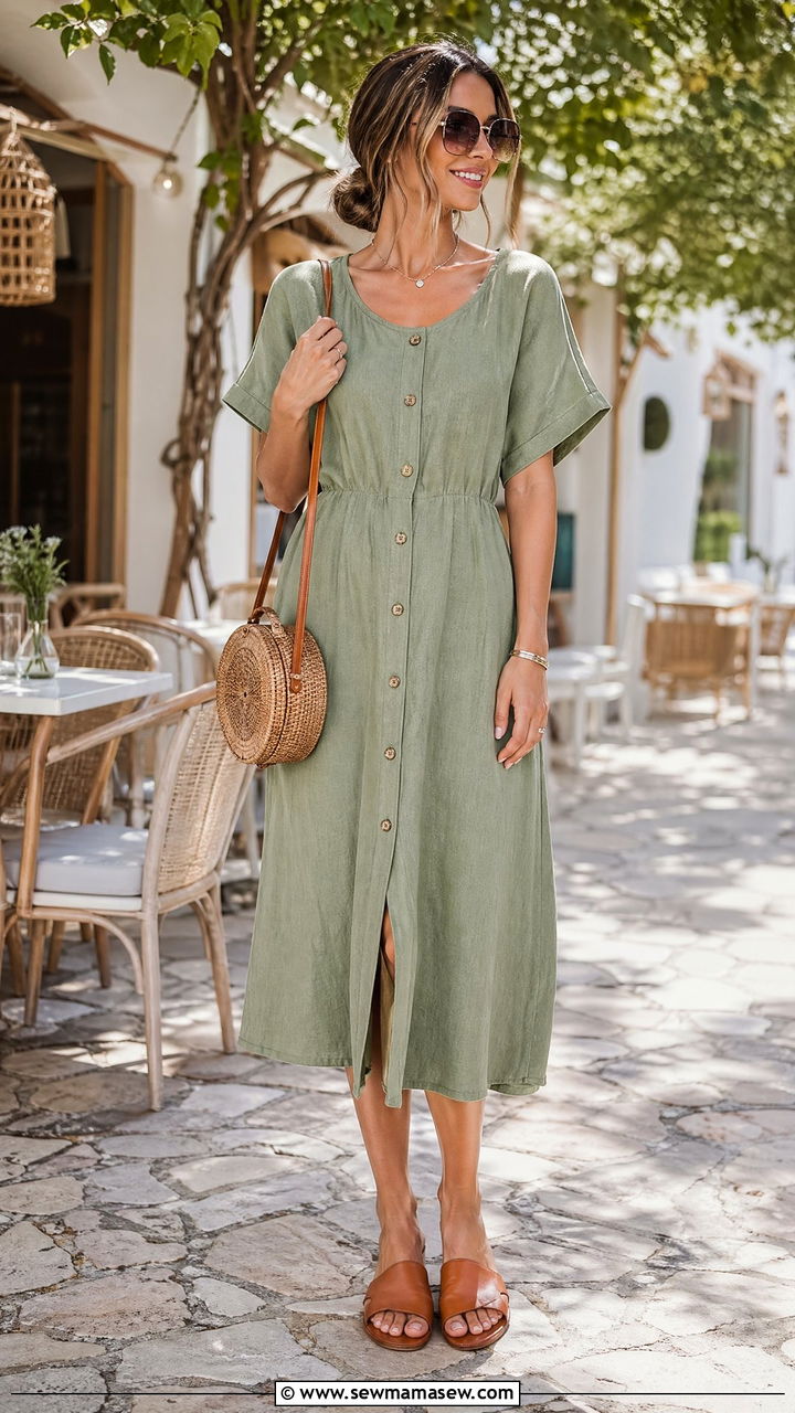Button Front Linen Dress with Woven Accessories - 35 summer boho chic outfit ideas