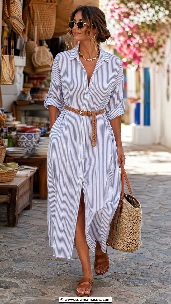 Button Front Midi Dress With Slide Sandals Vacation Outfit - 35 vacation outfits ideas