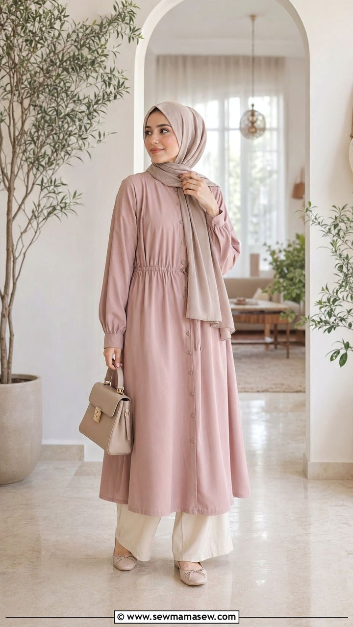 Button Front Midi Dress With Trousers And Ballet Flats - 35 Ramadan outfit ideas for women