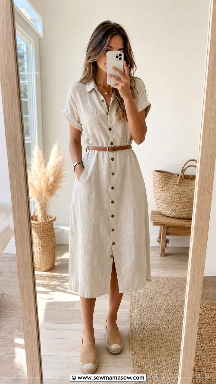 Button Front Midi Dress with Espadrilles - 30 80 degree weather outfits