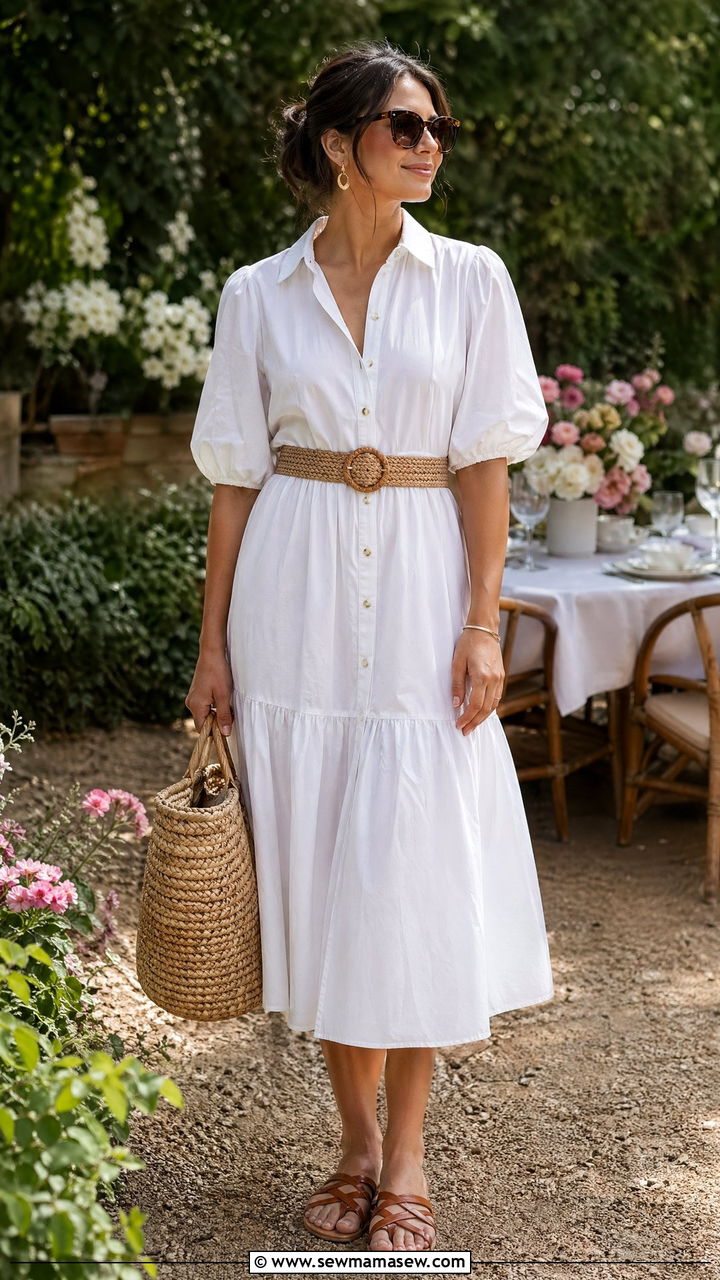 Button Front Midi Dress with Flat Sandals - 35 Spring garden party outfit ideas