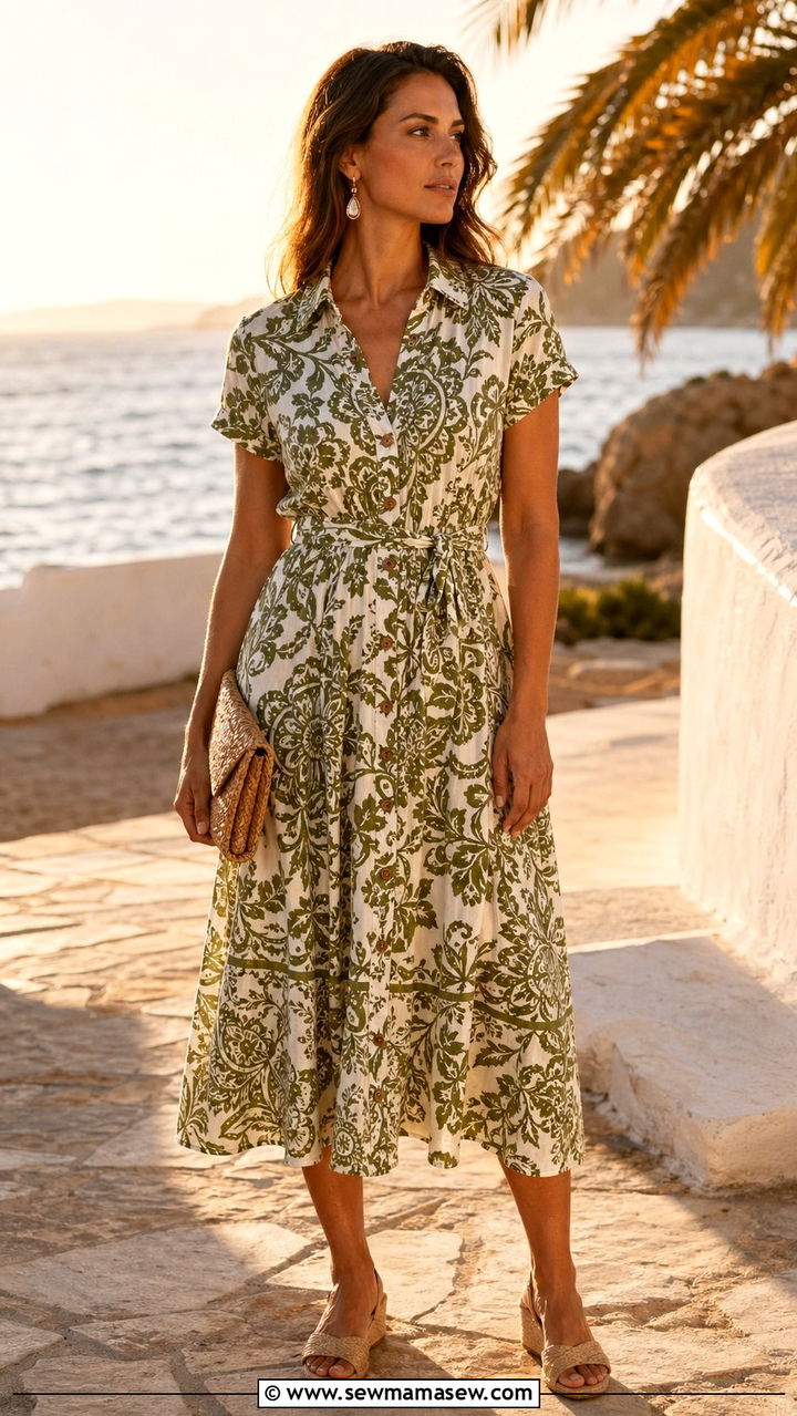 Button Front Midi Dress with Low Wedge Sandals - 30 Beach vacation outfit ideas over 40