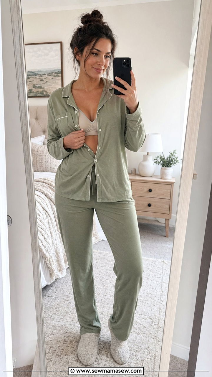 Button Front Pajama Set With Supportive Nursing Bra - 35 Postpartum outfit ideas