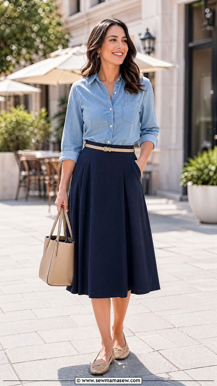 Button Front Shirt With A Line Midi Skirt - 35 Skirt outfit ideas for women over 40