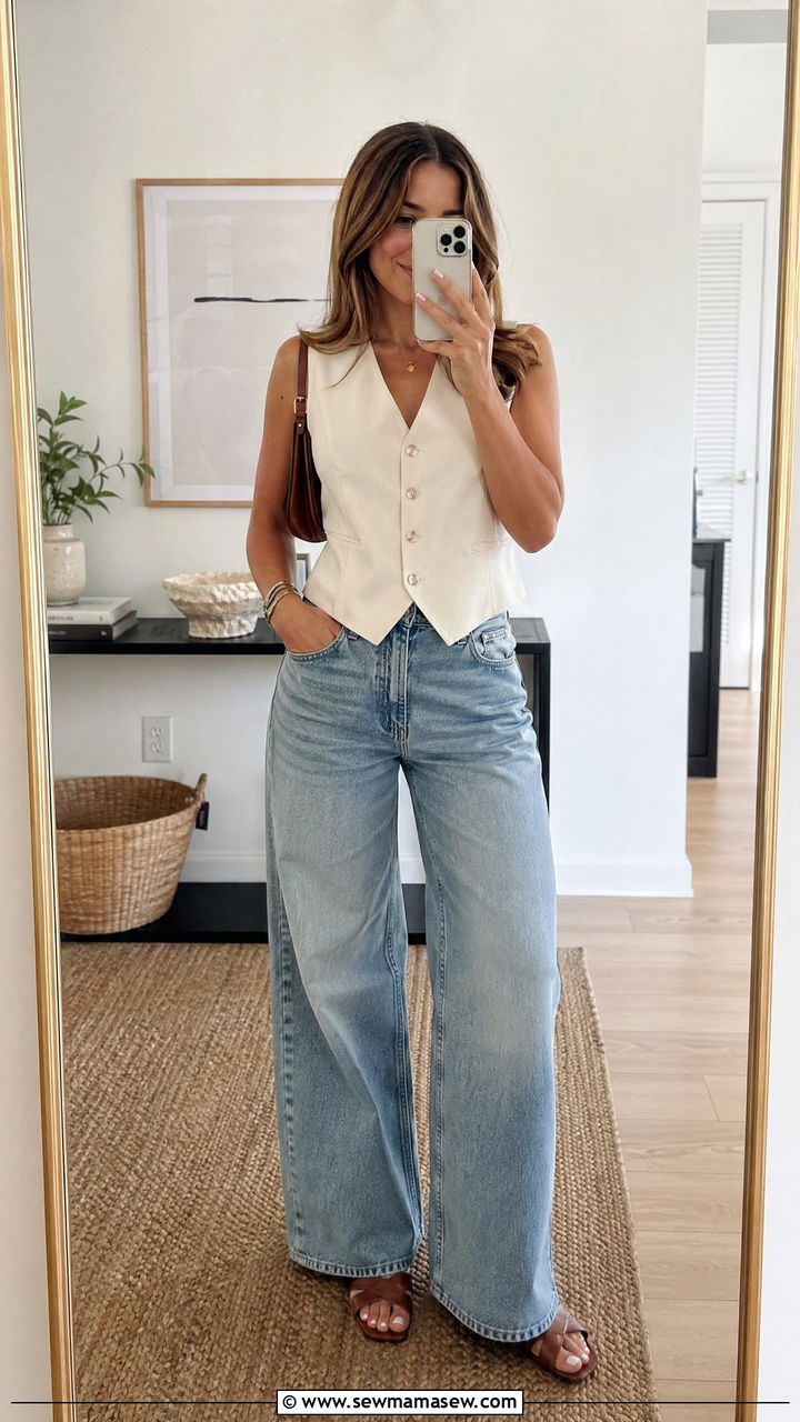 Button Front Vest with Wide Leg Denim - 35 Warm summer outfits