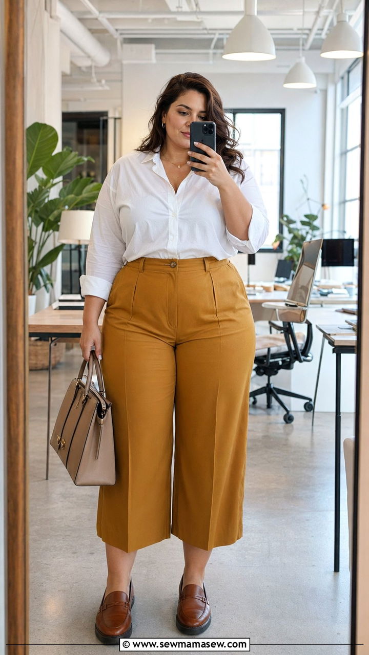 Button Up Shirt with High Waisted Culottes - 30 Work outfits for curvy women