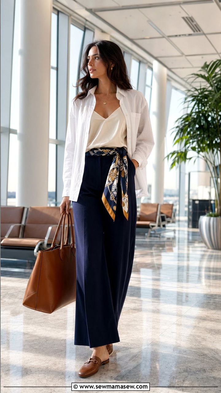 Button down and wide leg trousers with a scarf belt - 30 Airport outfit ideas with a scarf