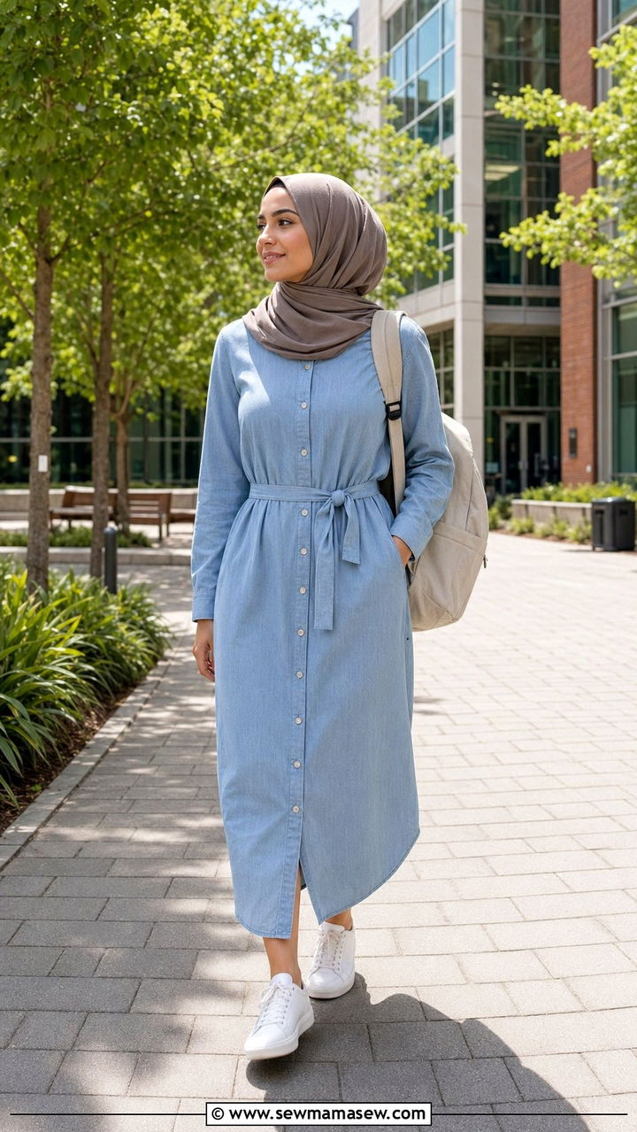 Button down midi dress with clean sneakers - 35 Modest outfit ideas for Muslim women