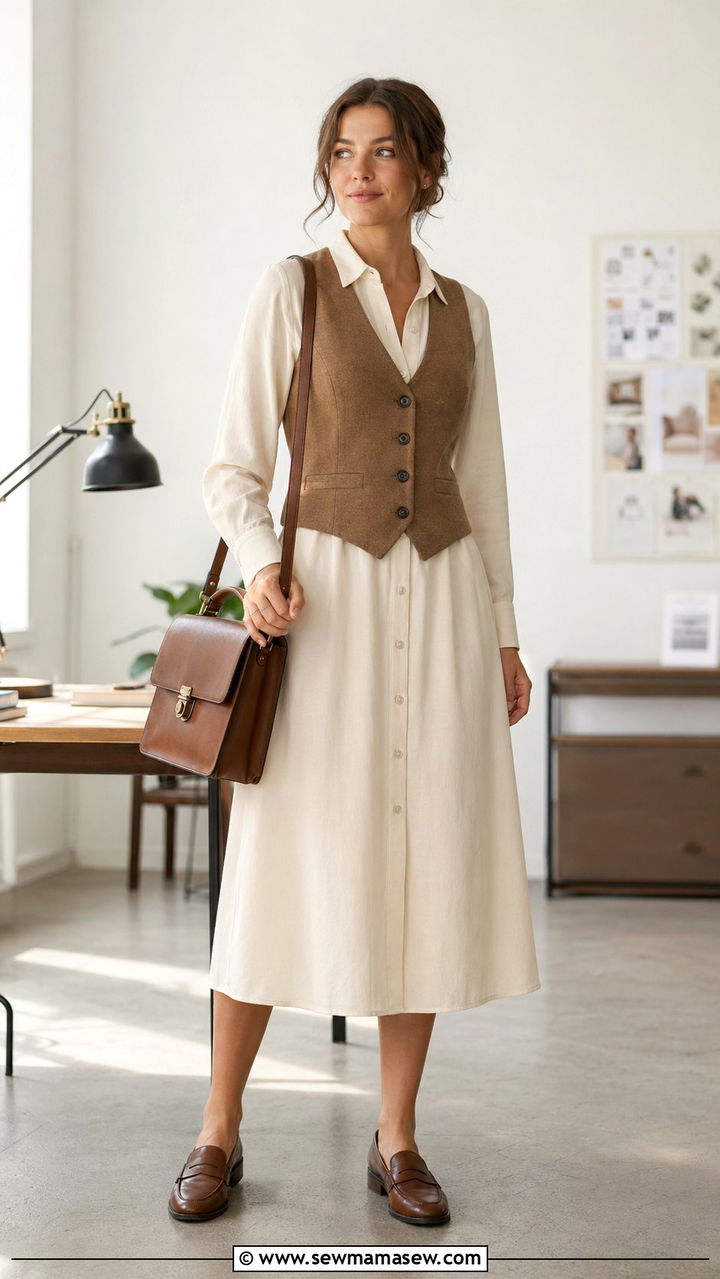 Button down midi dress with waistcoat and loafers - 35 Modest outfit ideas for office
