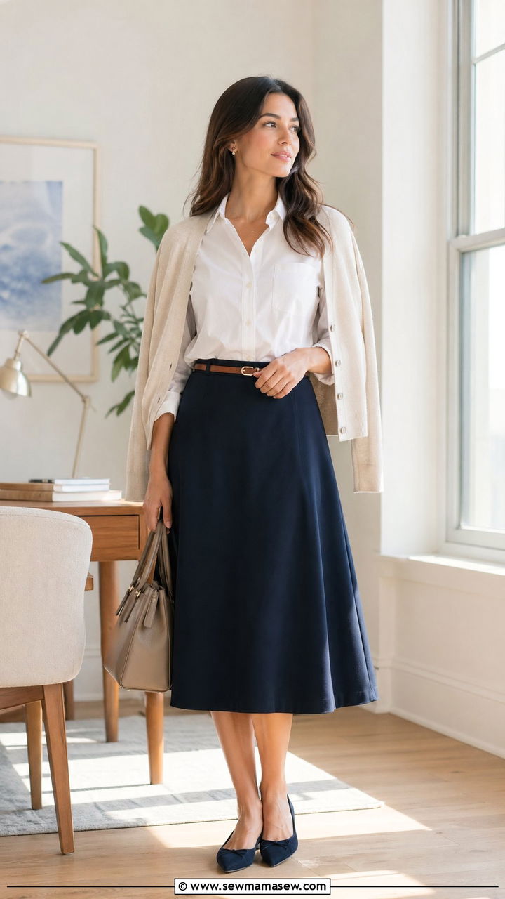 Button down shirt and A line midi skirt work outfit for women - 35 work outfits for women