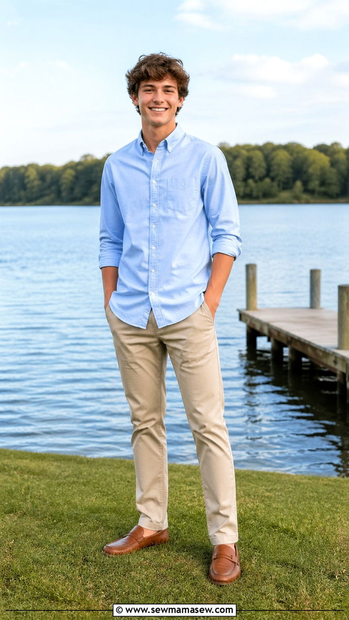 Button down shirt and khakis for senior pictures - 30 Senior photoshoot outfit ideas