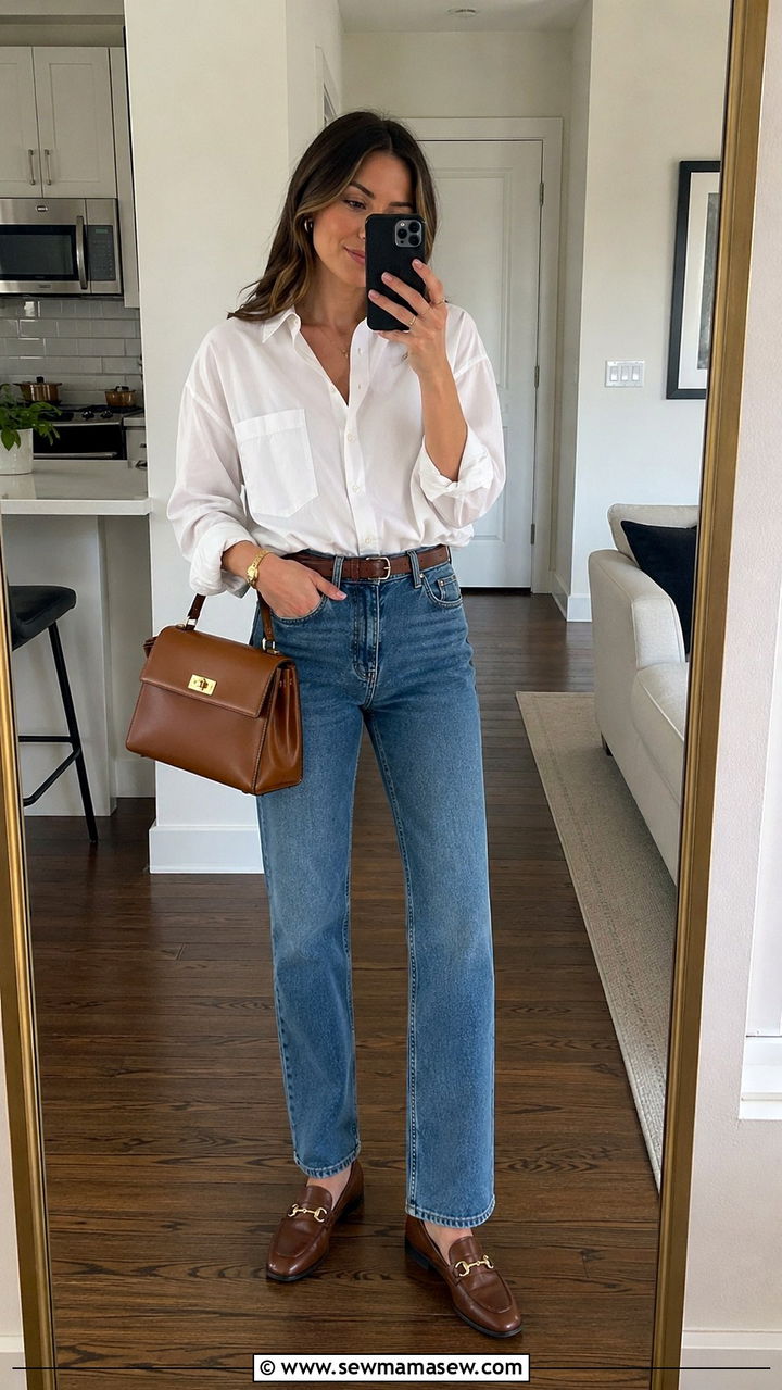 Button down shirt and straight leg jeans spring capsule outfit - 30 spring capsule wardrobe outfits