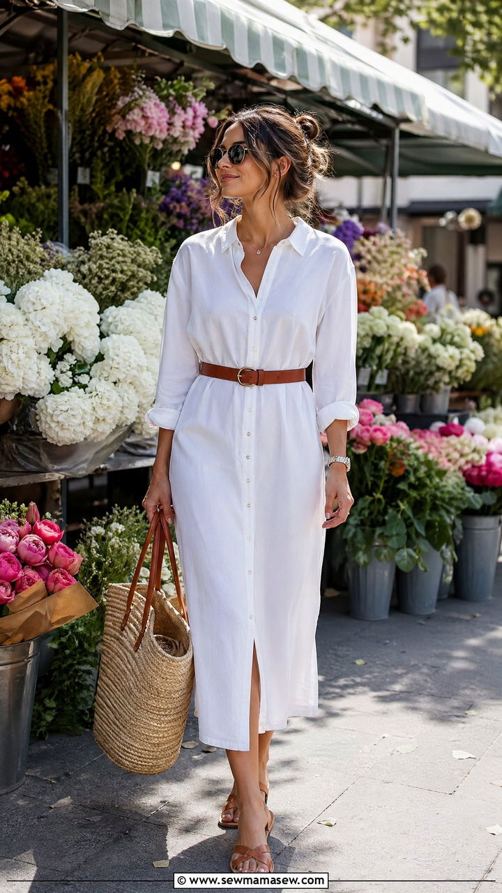 Button down shirt dress with belt and sandals - 35 spring easy outfit ideas
