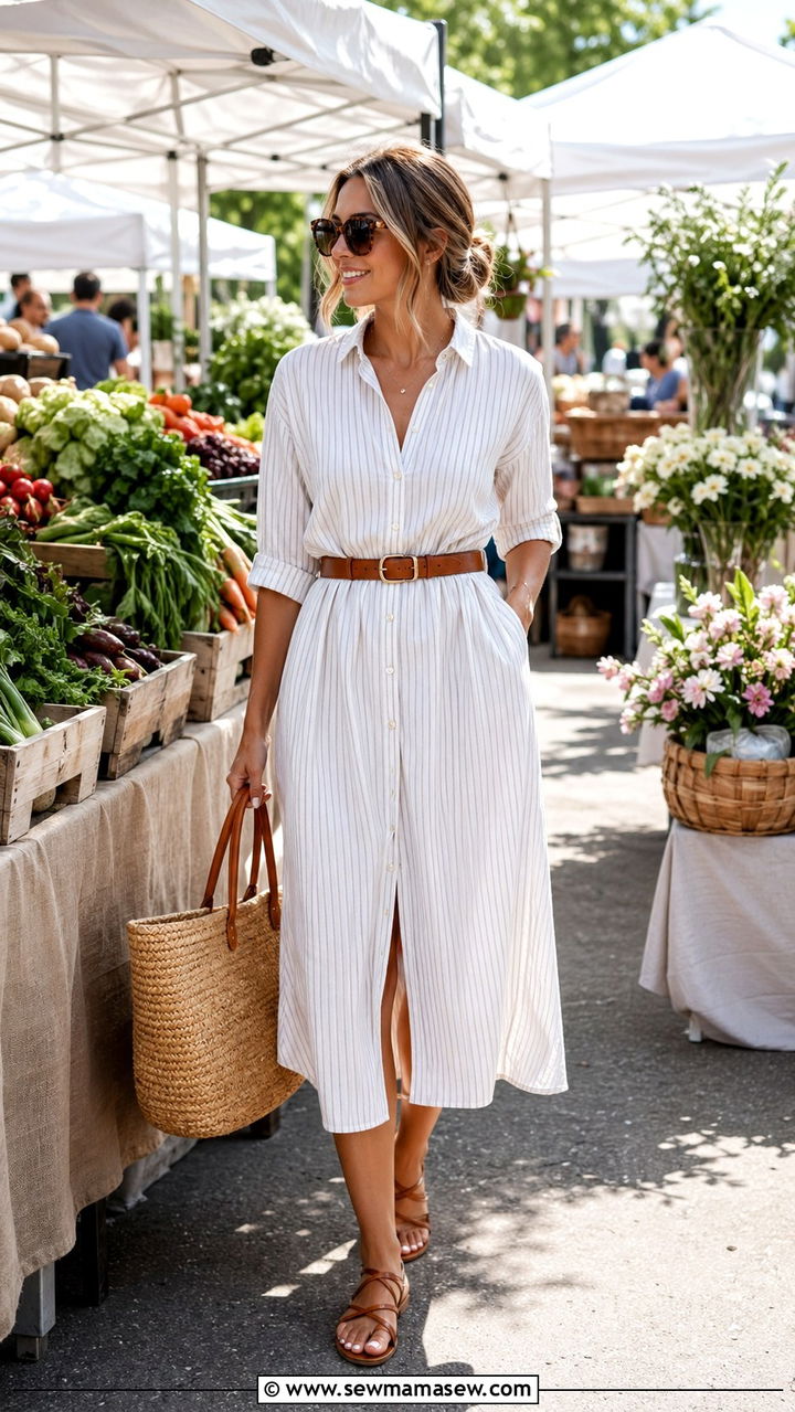 Button down shirt dress with strappy sandals - 30 spring button down shirt outfit ideas