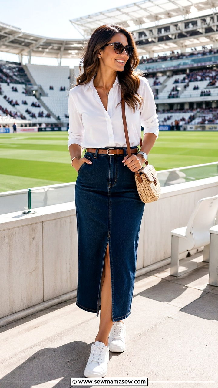 Button down shirt tucked into denim midi skirt outfit - 30 Soccer game outfit ideas
