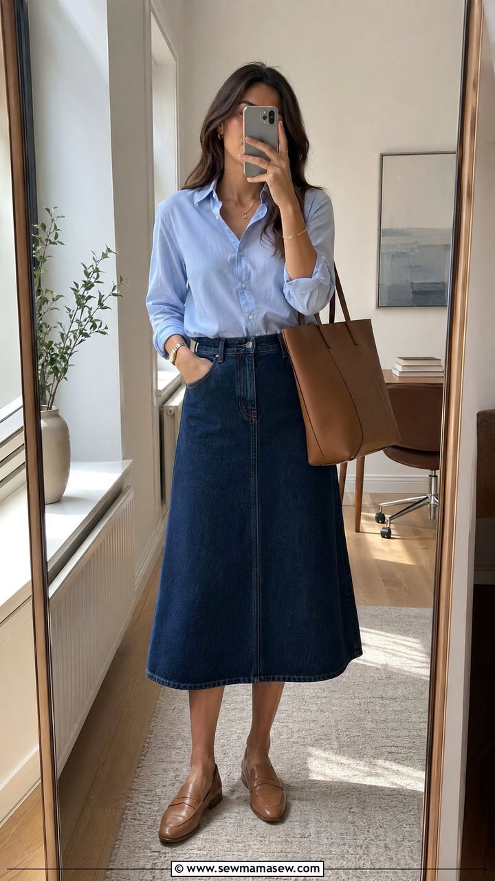 Button down shirt with a denim midi skirt and loafers - 35 Spring business casual outfits for women