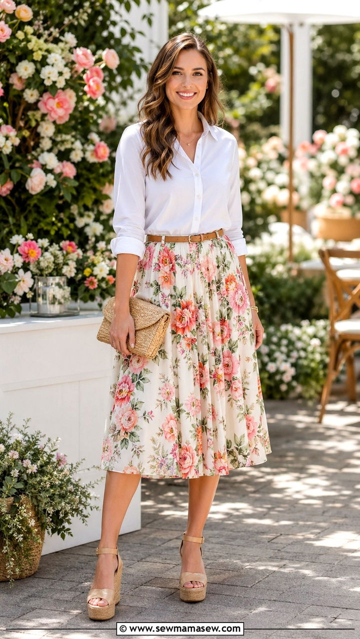 Button down shirt with a floral midi skirt - 30 spring button down shirt outfit ideas