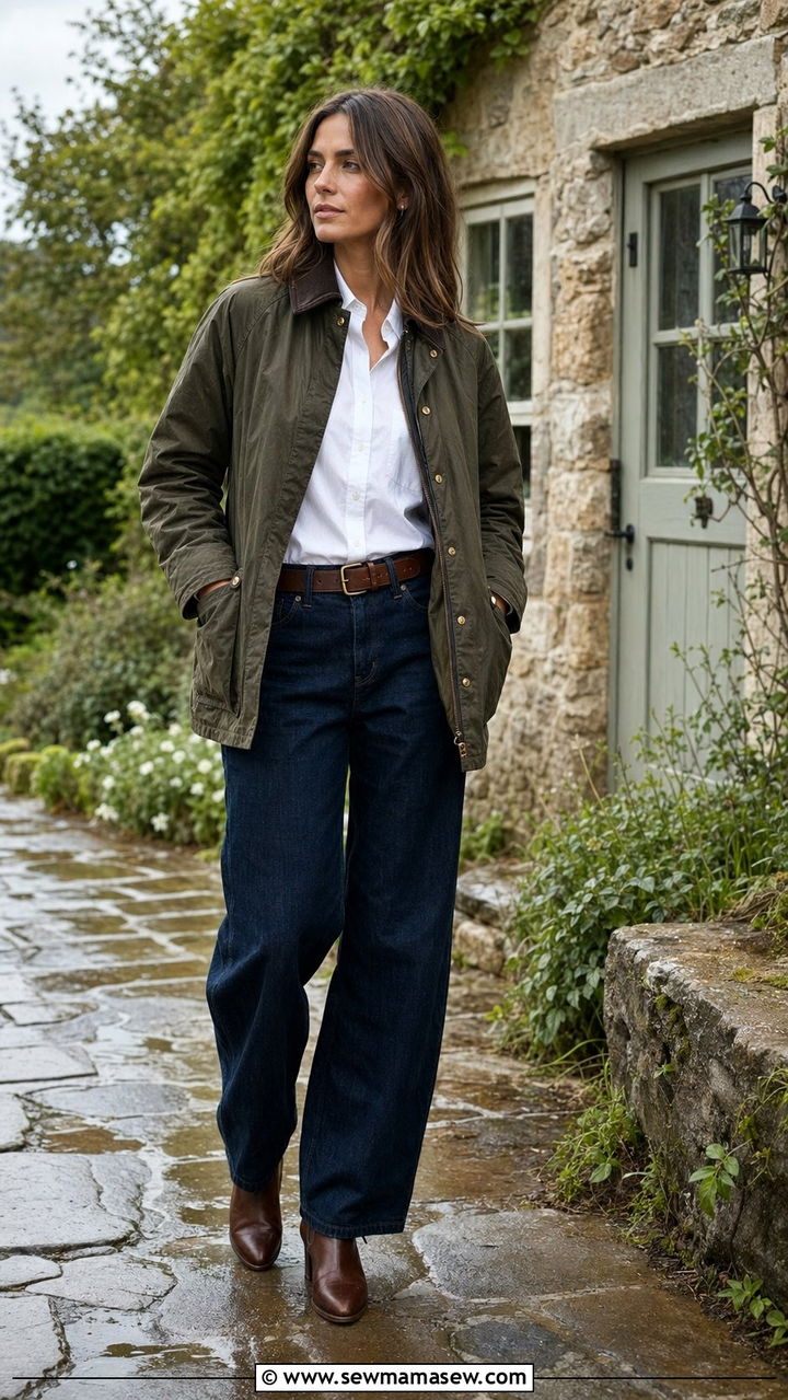 Button down shirt with barrel jeans and a waxed cotton jacket - 30 April showers outfit ideas