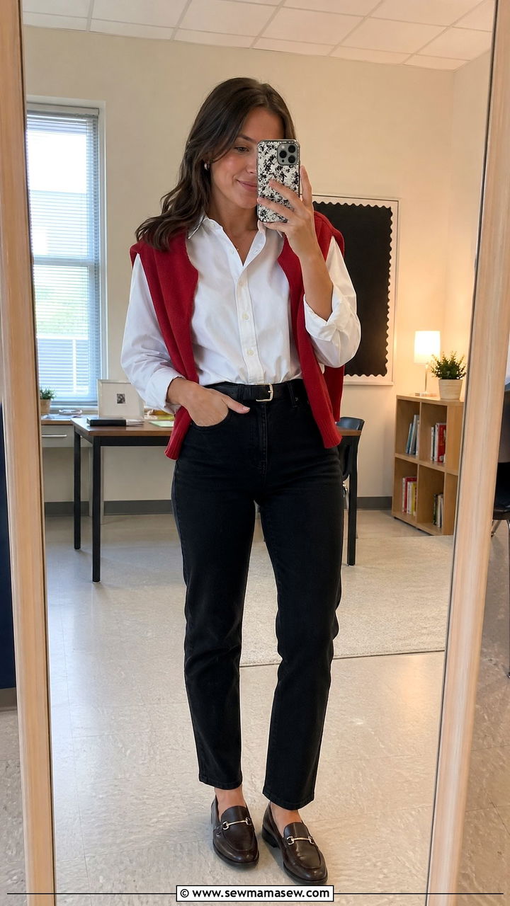 Button down shirt with black jeans - 35 Teacher outfits for spring