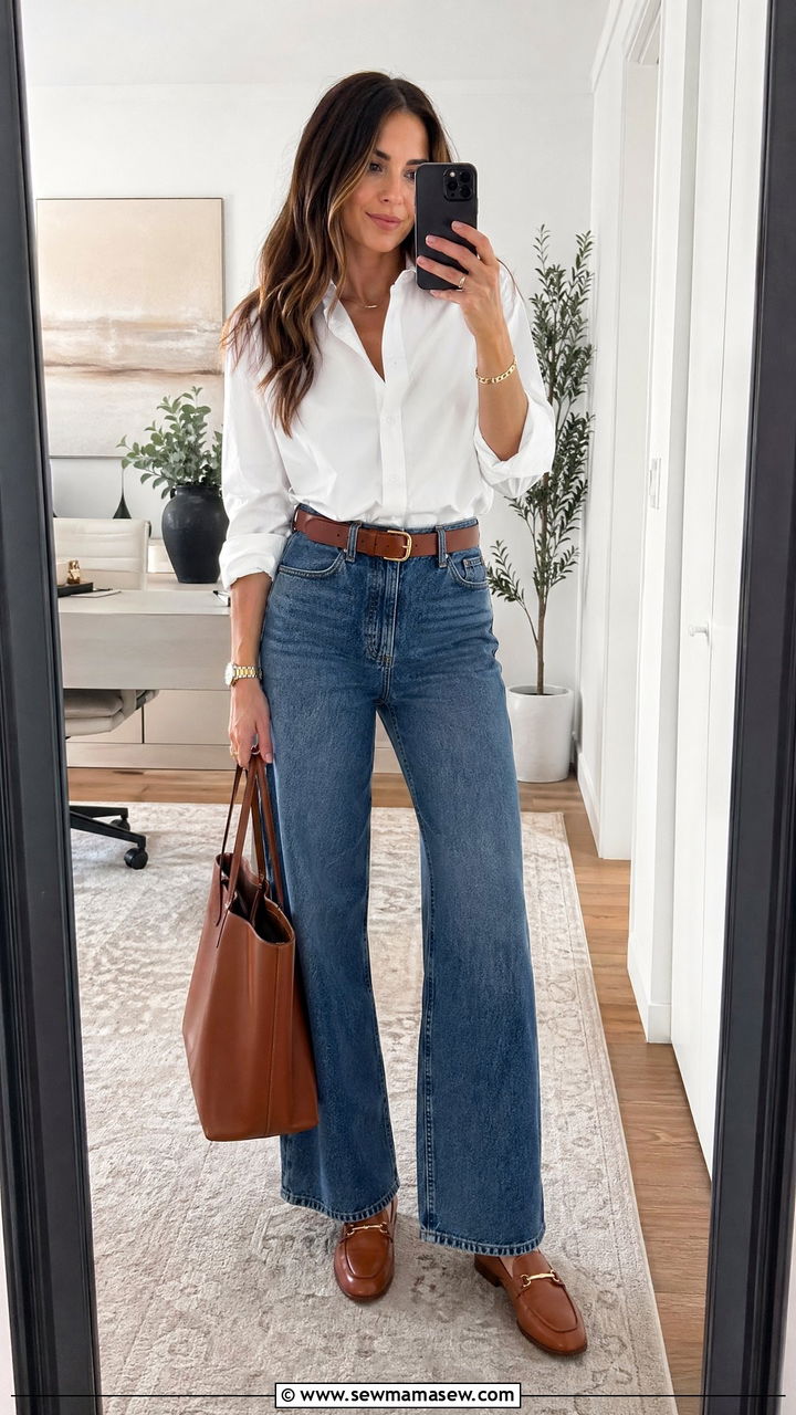 Button down shirt with wide leg jeans - 35 wide leg pants outfits