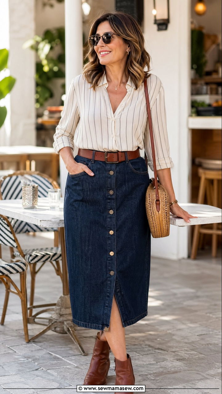 Button front denim skirt with blouse - 35 Skirt outfit ideas for women over 50