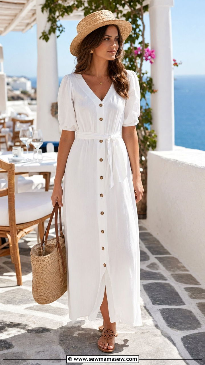 Button front maxi dress with puff sleeves - 35 Santorini vacation outfit ideas
