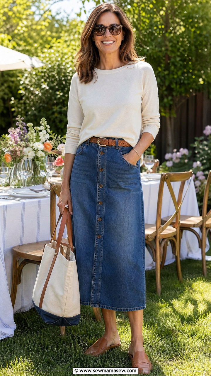 Button front midi skirt and a lightweight sweater - 35 Casual outfits for women over 40