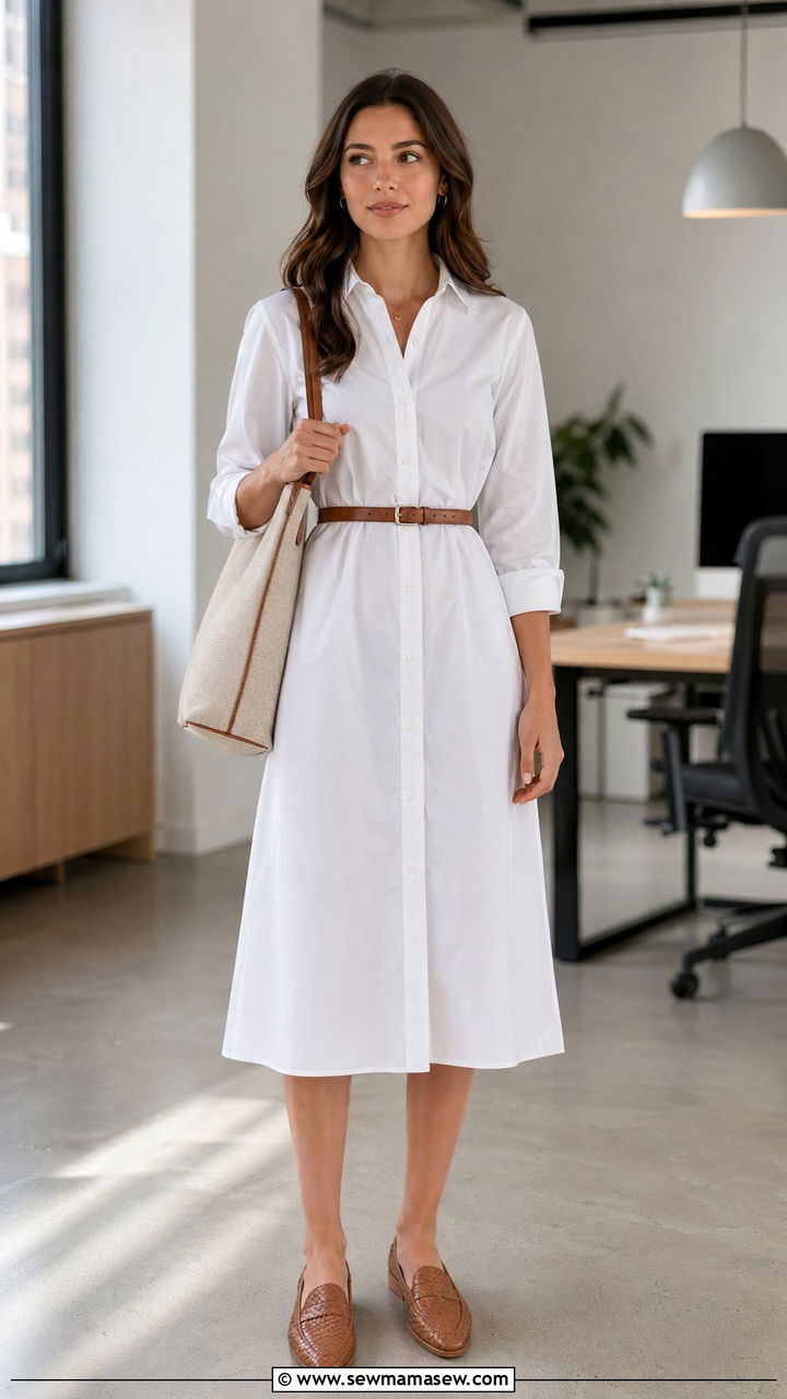Button up shirt dress with slim belt and woven loafers - 35 Summer office outfits