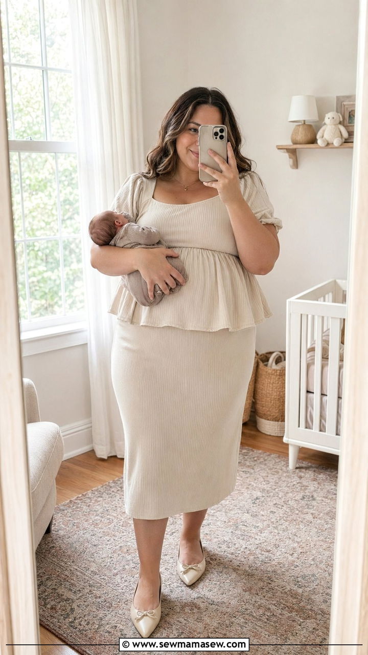 C Section Recovery Midi Skirt And Peplum Top - 35 Postpartum outfit ideas plus size