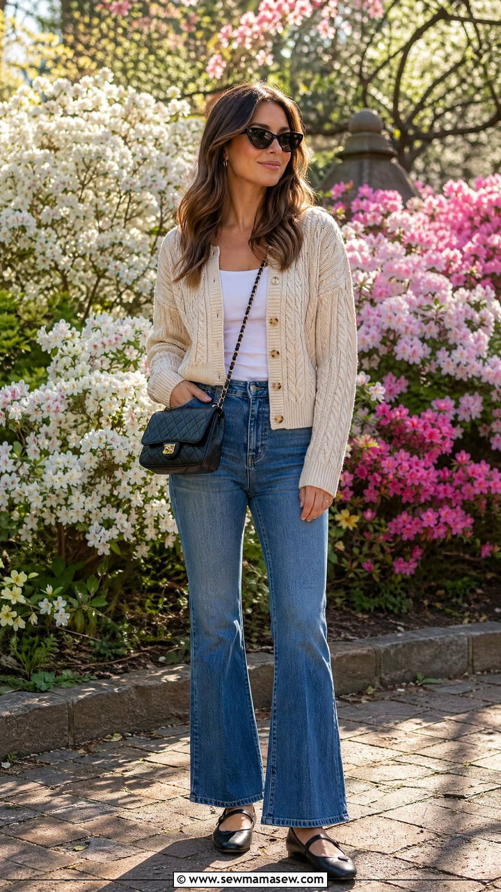 Cable Knit Cardigan With Flared Jeans And Mary Jane Flats - 35 spring parisian outfit ideas