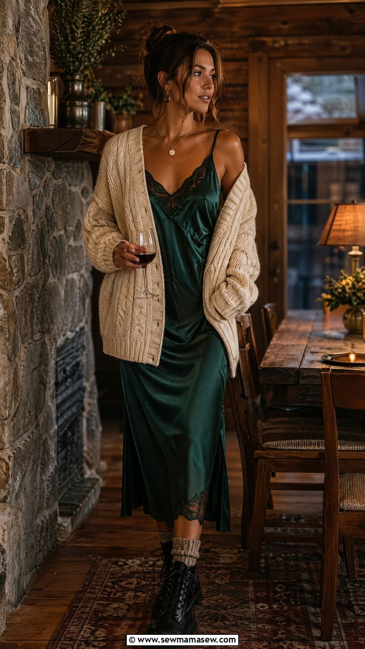 Cable Knit Cardigan With Slip Dress and Boots - 35 Cozy cabin weekend outfit ideas