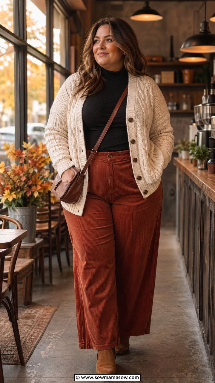 Cable Knit Cardigan with Corduroy Pants - 35 classy outfits for plus size women