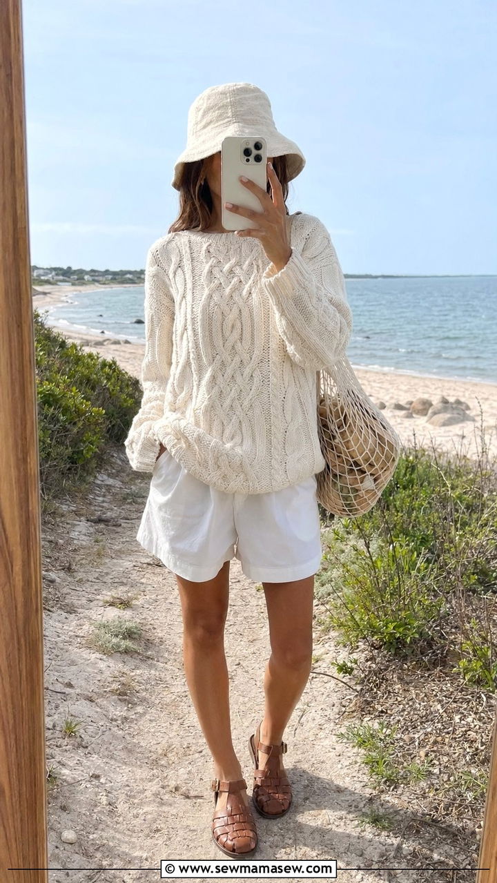 Cable Knit Fisherman Sweater with Cotton Shorts - 35 Nautical outfit ideas