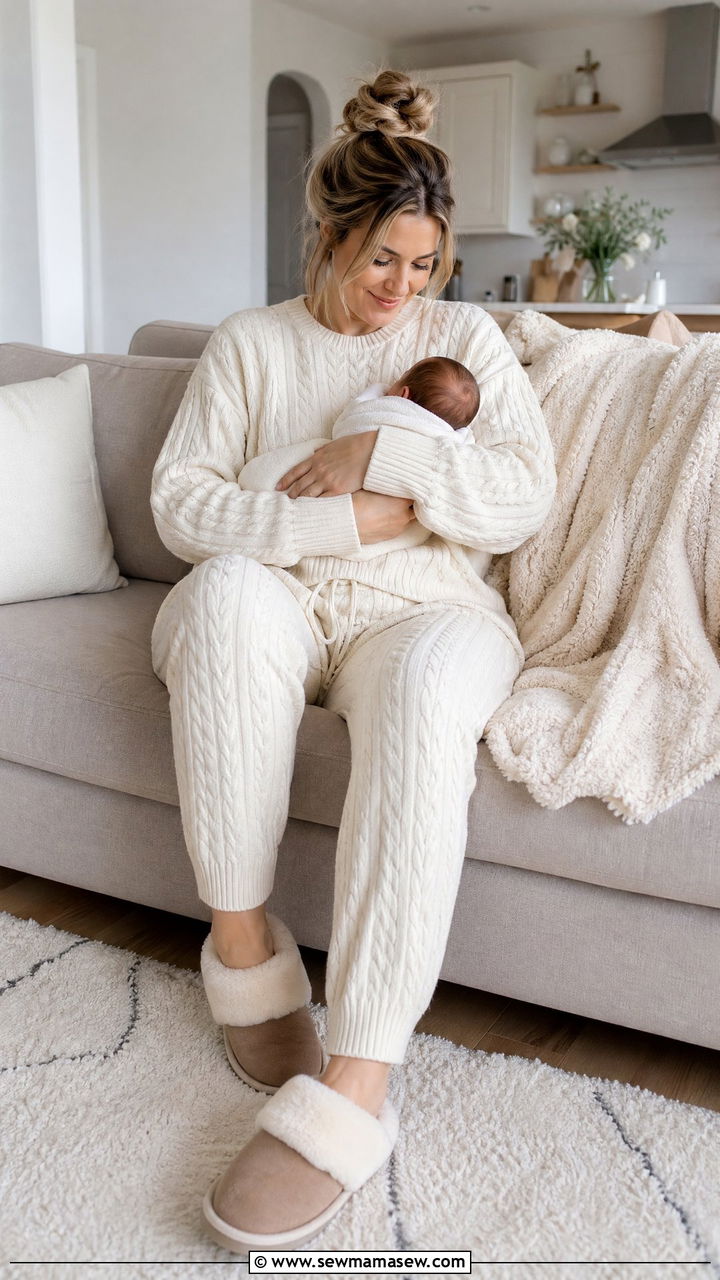 Cable Knit Lounge Set with Cozy Slippers - 35 casual outfits for new moms