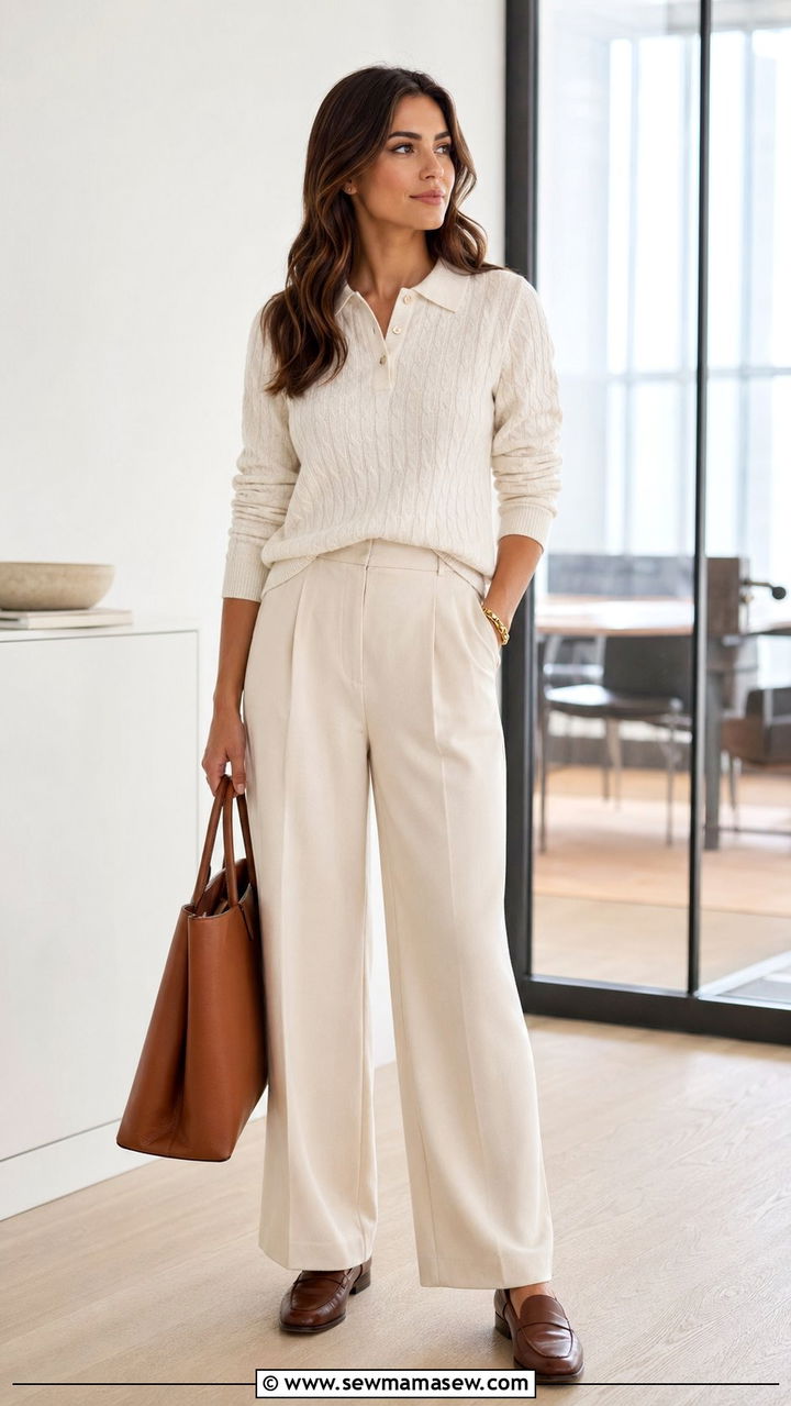 Cable Knit Polo and Wide Leg Wool Trousers Outfit - 35 mom outfit ideas