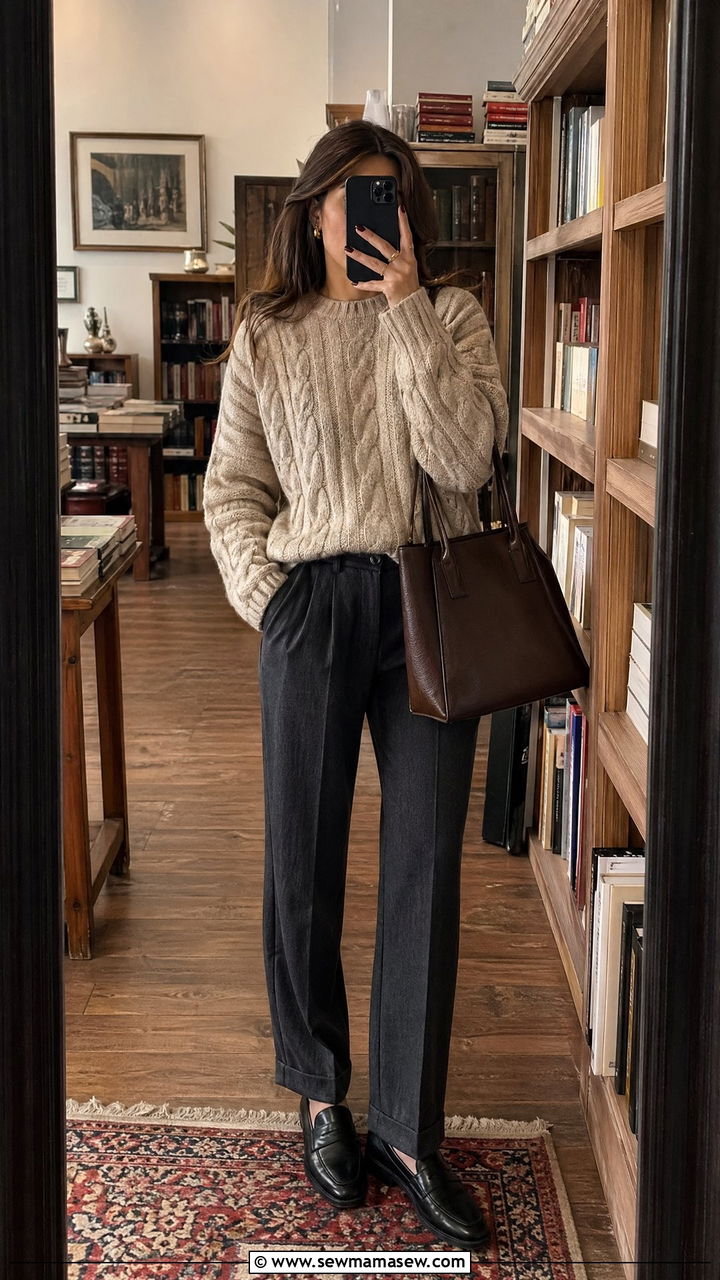 Cable Knit Pullover and High Rise Trousers with Penny Loafers - 35 dark academia outfits