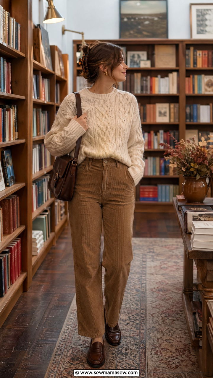 Cable Knit Sweater And Corduroy Pants Outfit - 35 shopping day outfit ideas
