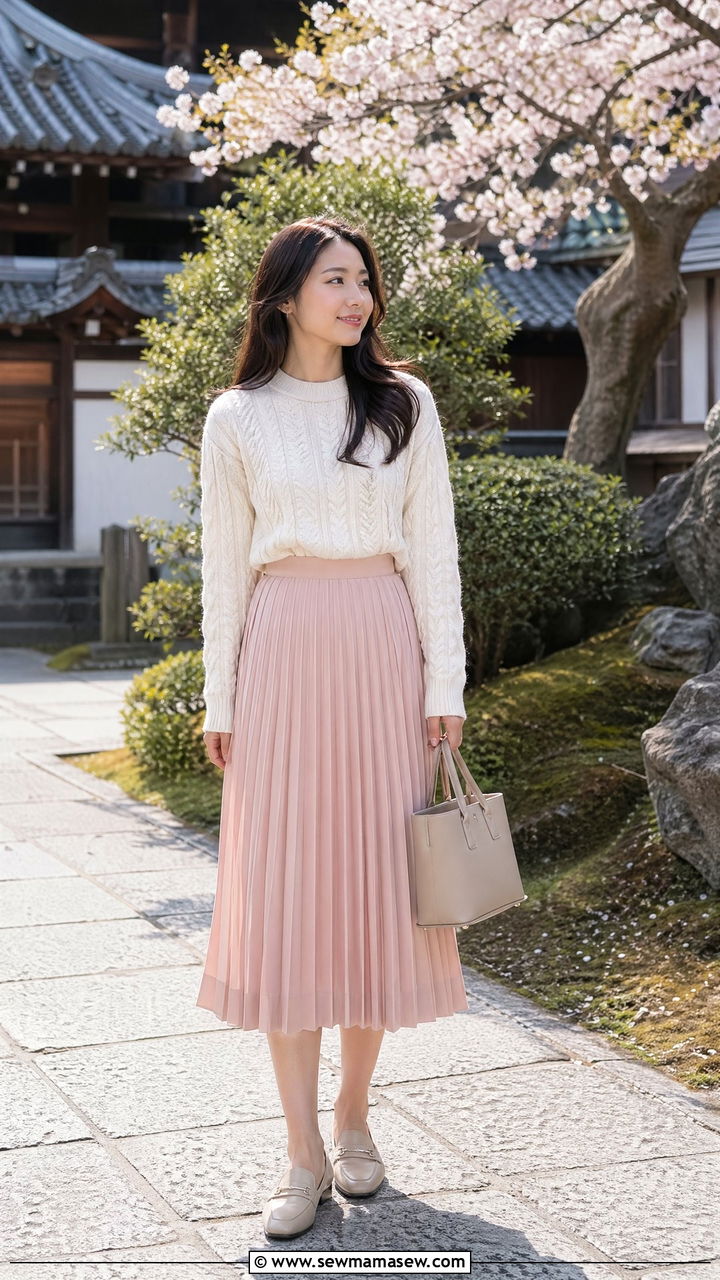 Cable Knit Sweater And Pastel Pleated Skirt Outfit Spring Japan - 35 Spring Japan outfit ideas