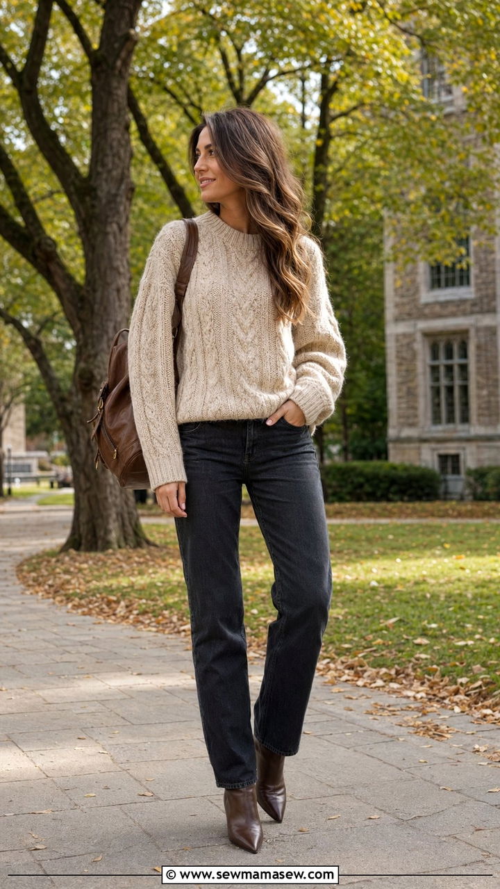 Cable Knit Sweater And Straight Leg Jeans Outfit - 35 school outfits for women