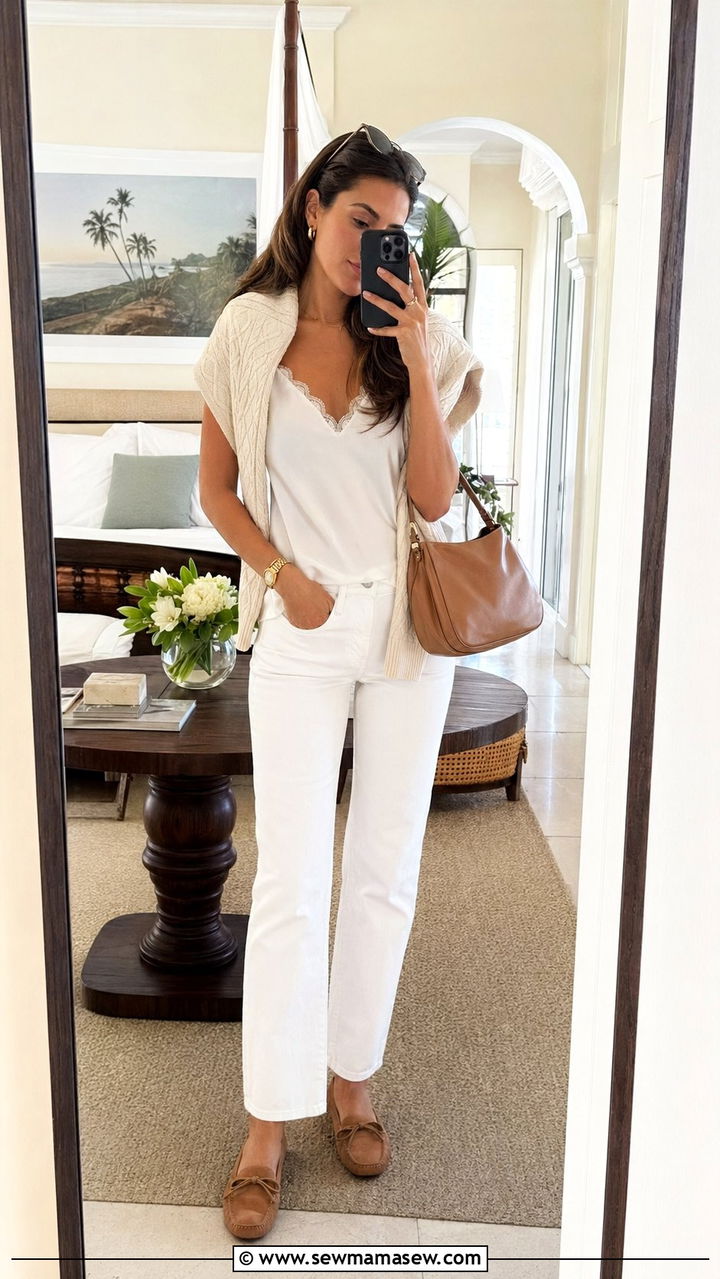 Cable Knit Sweater Draped Over White Jeans - 35 Old money vacation outfit ideas