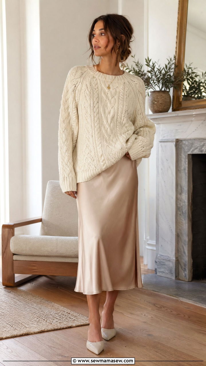 Cable Knit Sweater Over Midi Slip Skirt - 35 Classy loungewear outfit ideas