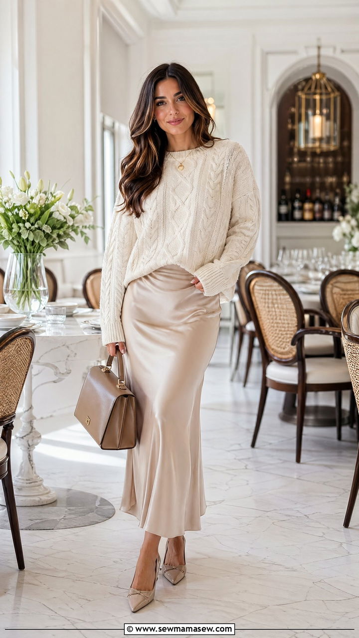 Cable Knit Sweater Over Slip Skirt - 35 spring brunch outfit ideas