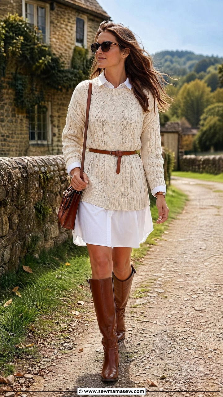 Cable Knit Sweater Over a Collared Shirtdress - 35 Uptown girl outfit ideas